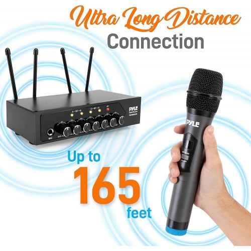  [아마존베스트]Pyle Portable UHF Wireless Microphone System - Battery Operated Four Bluetooth Cordless Microphone Set with 50 Channels Selectable Frequency, Receiver Base, AUX, for PA Karaoke DJ Party