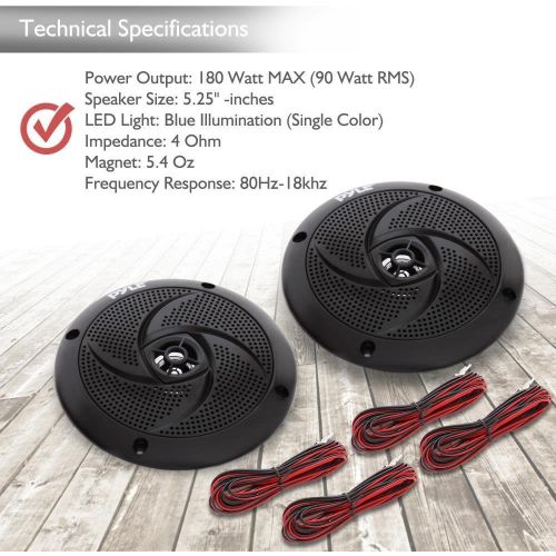  [아마존베스트]Pyle Marine Speakers - 5.25 Inch 2 Way Waterproof and Weather Resistant Outdoor Audio Stereo Sound System with LED Lights, 180 Watt Power and Low Profile Slim Style - 1 Pair - PLMR