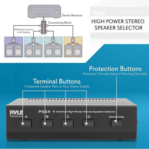  Pyle 4-Zone Channel Speaker Switch Selector - Premium New & Improved Switch Box Hub, Distribution Box for Multi-Channel High Powered Stereo Amp A/B/C/D Switches, 4 Pairs Of Speakers, Bl