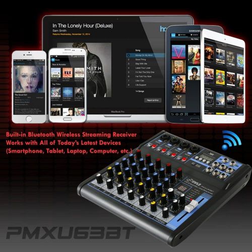  Pyle Professional Audio Mixer Sound Board Console - Desk System Interface with 6 Channel, USB, Bluetooth, Digital MP3 Computer Input, 48V Phantom Power, FX16 Bit DSP- PMXU63BT , Bl