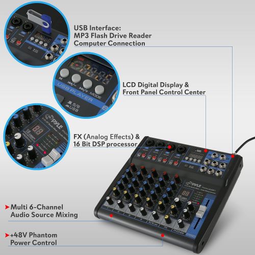  Pyle Professional Audio Mixer Sound Board Console - Desk System Interface with 6 Channel, USB, Bluetooth, Digital MP3 Computer Input, 48V Phantom Power, FX16 Bit DSP- PMXU63BT , Bl