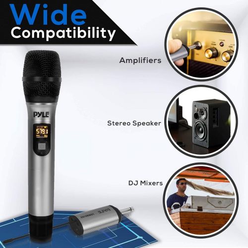  Pyle Portable UHF Wireless Microphone System - Professional Battery Operated Handheld Dynamic Unidirectional Cordless Microphone Transmitter Set w/Adapter Receiver, for PA Karaoke DJ Pa