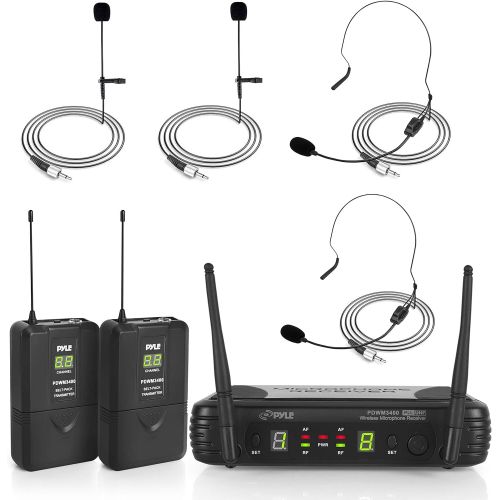  Pyle 2 Channel Wireless Microphone System - Portable UHF Digital Audio Mic Set with 2 Headset, 2 Lavalier lapel, 2 Transmitter, ¼’’ cable, power adapter - For Karaoke, PA, DJ, - PD