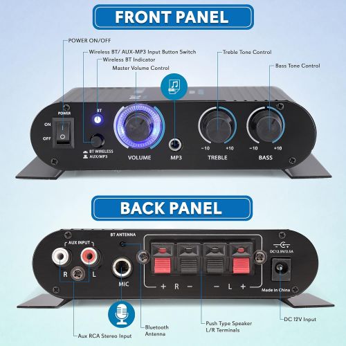  Pyle Wireless Bluetooth Home Audio Amplifier - 90W Dual Channel Mini Portable Power Stereo Sound Receiver w/ Speaker Selector, RCA, AUX, LED, 12V Adapter - For iPad, iPhone, PA, Studio