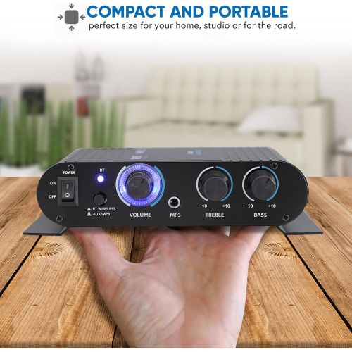  Pyle Wireless Bluetooth Home Audio Amplifier - 90W Dual Channel Mini Portable Power Stereo Sound Receiver w/ Speaker Selector, RCA, AUX, LED, 12V Adapter - For iPad, iPhone, PA, Studio