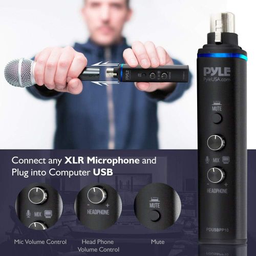  Pyle Microphone XLR-to-USB Signal Adapter - Universal Plug and Play XLR Mic to PC Adaptor for Digital Recording w/ Mix Audio Control, +48V Phantom Power, Headphone Volume, USB Cabl