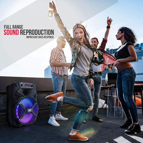  Pyle Portable Bluetooth PA Speaker System - 300W Rechargeable Outdoor Bluetooth Speaker Portable PA System w/ 8” Subwoofer 1” Tweeter, Microphone In, Party Lights, MP3/USB, Radio, Remot