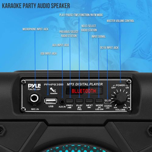  Pyle Portable Bluetooth PA Speaker System - 300W Rechargeable Outdoor Bluetooth Speaker Portable PA System w/ 8” Subwoofer, AUX, Microphone in, Party Lights, MP3/USB, Radio, Remote - Py