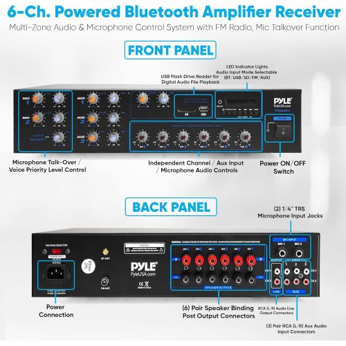  Wireless Bluetooth Power Amplifier System - 4200W 6CH Powered Rack Mount Portable Multi-Zone Audio Home Stereo Receiver Box w/RCA, USB, AUX - for Speaker, PA, Theater - Pyle PT6000