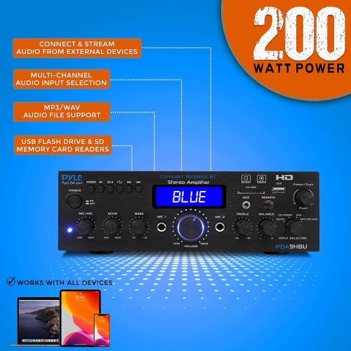  Pyle Wireless Bluetooth Home Stereo Amplifier - Multi-Channel 200 Watt Power Amplifier Home Audio Receiver System w/HDMI, Optical/Phono/Coaxial, FM Radio, USB/SD, AUX, RCA, Mic - Remote