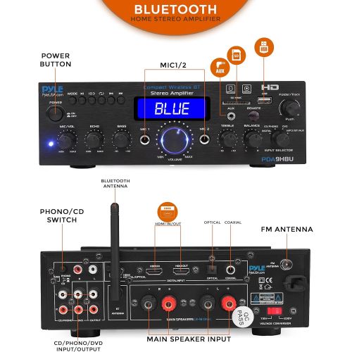  Pyle Wireless Bluetooth Home Stereo Amplifier - Multi-Channel 200 Watt Power Amplifier Home Audio Receiver System w/HDMI, Optical/Phono/Coaxial, FM Radio, USB/SD, AUX, RCA, Mic - Remote