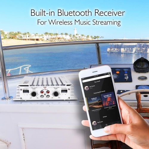  Pyle 2.1 Bluetooth Marine Amplifier Receiver - Waterproof 4 Channel Wireless Bridgeable Audio Amp for Stereo Speaker with 400 Watt Power Dual MOSFET Supply, GAIN Level and LED Indicator