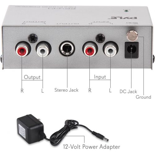  Pyle Phono Turntable Preamp - Mini Electronic Audio Stereo Phonograph Preamplifier with RCA Input, RCA Output & Low Noise Operation Powered by 12 Volt DC Adapter (PP444),Gray