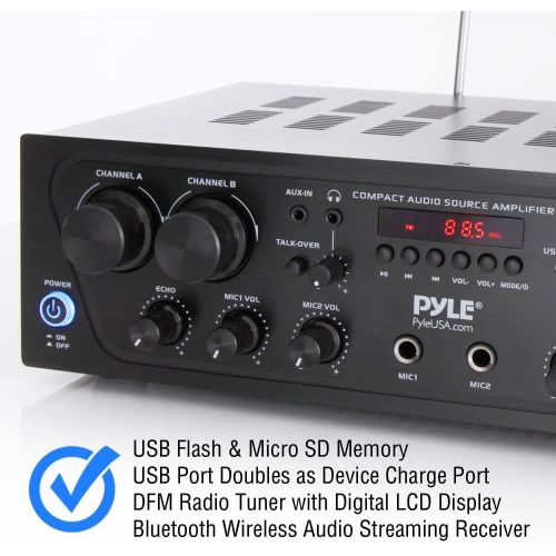 Pyle Wireless Karaoke Bluetooth Stereo Receiver - 4 Channel Power Amplifier w/ USB, Headphone, 2 Microphone Input w/ Echo, Talkover for PA Great for Home Speaker System - PTA42BT