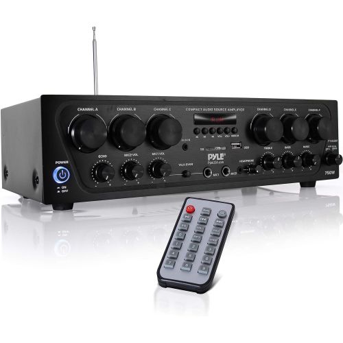  Pyle Bluetooth Home Audio Amplifier System - Upgraded 6 Channel 750 Watt Wireless Home Audio Sound Power Stereo Receiver w/ USB, Micro SD, Headphone, 2 Microphone Input w/ Echo, Talkove