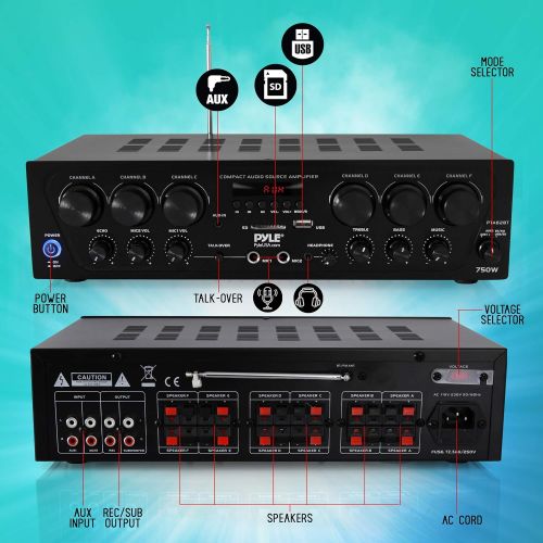  Pyle Bluetooth Home Audio Amplifier System - Upgraded 6 Channel 750 Watt Wireless Home Audio Sound Power Stereo Receiver w/ USB, Micro SD, Headphone, 2 Microphone Input w/ Echo, Talkove