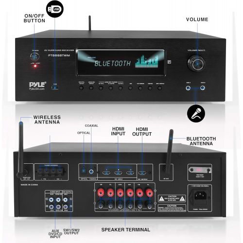  1000W Bluetooth Home Theater Karaoke Receiver - 5.2-Ch Stereo Amplifier 2 UHF Wireless Microphone Video Pass-Through Supports, MP3/USB/HDMI/AM/FM Radio - Pyle PT888BTWM.5