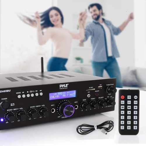  Pyle Wireless Bluetooth Power Amplifier System - 200W Dual Channel Sound Audio Stereo Receiver w/ USB, AUX, MIC IN w/ Echo, Radio - For Home Theater Entertainment via RCA, Studio Use -