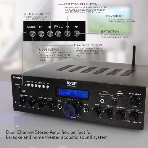  Pyle Wireless Bluetooth Power Amplifier System - 200W Dual Channel Sound Audio Stereo Receiver w/ USB, AUX, MIC IN w/ Echo, Radio - For Home Theater Entertainment via RCA, Studio Use -