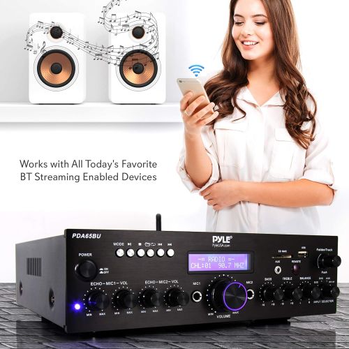  Pyle Wireless Bluetooth Power Amplifier System - 200W Dual Channel Sound Audio Stereo Receiver w/ USB, AUX, MIC IN w/ Echo, Radio - For Home Theater Entertainment via RCA, Studio Use -