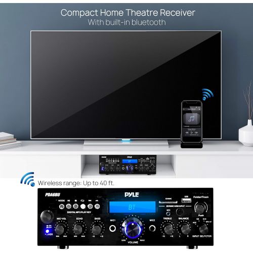  Pyle Wireless Bluetooth Power Amplifier System - 200W Dual Channel Sound Audio Stereo Receiver w/ USB, SD, AUX, MIC w/ Echo, Radio, LCD - For Home Theater Entertainment via RCA, Studio