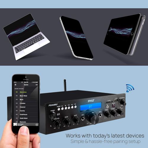  Pyle Wireless Bluetooth Power Amplifier System - 200W Dual Channel Sound Audio Stereo Receiver w/ USB, SD, AUX, MIC w/ Echo, Radio, LCD - For Home Theater Entertainment via RCA, Studio