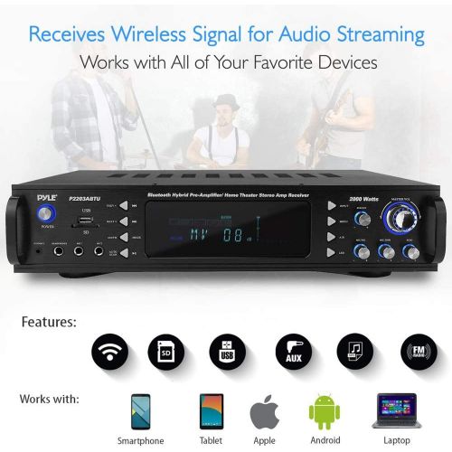  Pyle 4-Channel Bluetooth Home Power Amplifier - 2000 Watt Audio Stereo Receiver w/ Speaker Selector, AM FM Radio, USB/ SD Card Reader, Karaoke Microphone Input - Home Entertainment