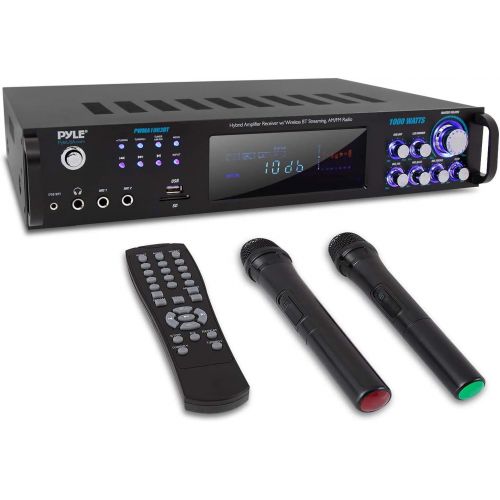  [아마존베스트]Pyle 4 Channel Bluetooth Power Amplifier - 1000W Home Audio Rack Mount Stereo Receiver w/AM FM Radio, USB, Headphone, Dual Wireless Mic w/Echo for Karaoke, LED, for Speaker Sound System