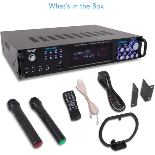  [아마존베스트]Pyle 4 Channel Bluetooth Power Amplifier - 1000W Home Audio Rack Mount Stereo Receiver w/AM FM Radio, USB, Headphone, Dual Wireless Mic w/Echo for Karaoke, LED, for Speaker Sound System