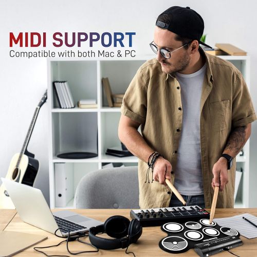  [아마존베스트]Pyle Electronic Roll Up MIDI Drum Kit W/ 9 Electric Drum Pads, Foot Pedals, Drumsticks, & Power Supply | Quick Setup | Tabletop Roll Up Drum Kit | Pre-Loaded W/ Drum Electric Kits