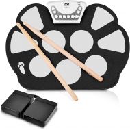 [아마존베스트]Pyle Electronic Roll Up MIDI Drum Kit - W/ 9 Electric Drum Pads, Foot Pedals, Drumsticks, & Power Supply Tabletop Roll Up Drum Kit | Loaded W/ Drum Electric Kits & Songs - Pyle PTE