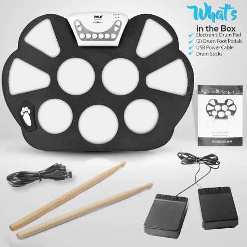  [아마존베스트]Pyle Electronic Roll Up MIDI Drum Kit - W/ 9 Electric Drum Pads, Foot Pedals, Drumsticks, & Power Supply Tabletop Roll Up Drum Kit | Loaded W/ Drum Electric Kits & Songs - Pyle PTE