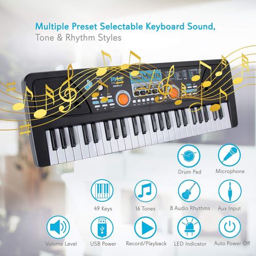  [아마존베스트]Digital Electronic Musical Keyboard - Kids Learning Keyboard 49 Keys Portable Electric Piano w/ Drum Pad, Recording, Rechargeable Battery, Microphone - Pyle PKBRD4112