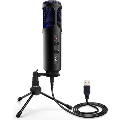 [아마존베스트]Pyle USB PC Recording Condenser Microphone - Blue LED, Adjustable Gain, Headphone Jack, Mute Control, Tripod Stand - Portable Pro Audio Condenser Desk Mic for Podcast Streaming Gaming -