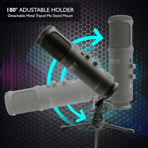  [아마존베스트]Pyle USB PC Recording Condenser Microphone - Blue LED, Adjustable Gain, Headphone Jack, Mute Control, Tripod Stand - Portable Pro Audio Condenser Desk Mic for Podcast Streaming Gaming -