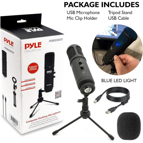  [아마존베스트]Pyle USB PC Recording Condenser Microphone - Blue LED, Adjustable Gain, Headphone Jack, Mute Control, Tripod Stand - Portable Pro Audio Condenser Desk Mic for Podcast Streaming Gaming -