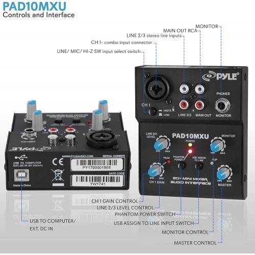  [아마존베스트]Pyle 2-Channel Audio Mixer - DJ Sound Controller Interface with USB Soundcard for PC Recording, XLR and 3.5mm Microphone Jack, 18V Power, RCA Input and Output for Professional and