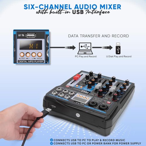  [아마존베스트]Pyle Professional Wireless DJ Audio Mixer - 6-Channel Bluetooth Compatible DJ Controller Sound Mixer w/DSP Effects, USB Audio Interface, Dual RCA in, XLR/1/4 Microphone in, Headphone Ja