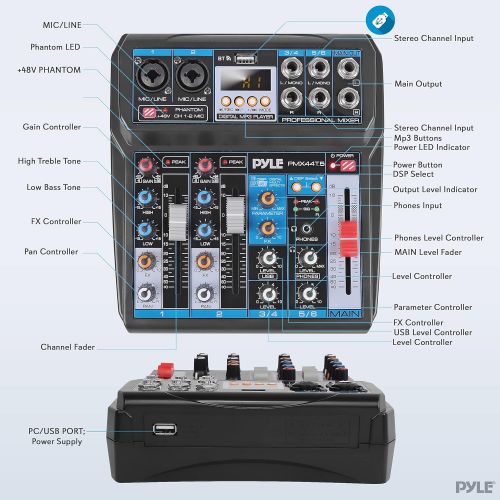  [아마존베스트]Pyle Professional Wireless DJ Audio Mixer - 6-Channel Bluetooth Compatible DJ Controller Sound Mixer w/DSP Effects, USB Audio Interface, Dual RCA in, XLR/1/4 Microphone in, Headphone Ja