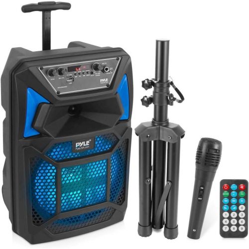  [아마존베스트]Pyle Bluetooth PA Speaker & Microphone System - Portable Karaoke Speaker with Wired Mic, Built-in LED Party Lights, FM Radio, MP3/USB/Micro SD Readers, Speaker Stand (8’’ Subwoofer, 400
