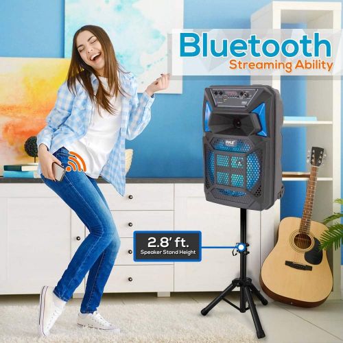  [아마존베스트]Pyle Bluetooth PA Speaker & Microphone System - Portable Karaoke Speaker with Wired Mic, Built-in LED Party Lights, FM Radio, MP3/USB/Micro SD Readers, Speaker Stand (8’’ Subwoofer, 400