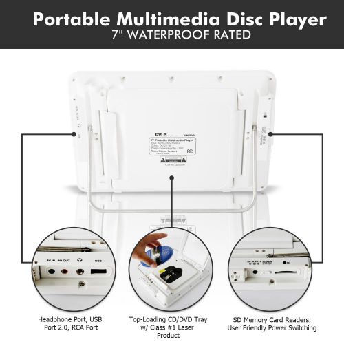  Pyle Portable Waterproof Multimedia Disc Player - 7in Screen White Digital Music Audio Video Player w Dual Stereo Speakers, CD DVD Tray, RCA, USB, Rechargeable Battery, Headphones, Rem