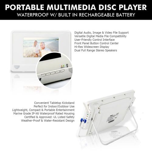  Pyle Portable Waterproof Multimedia Disc Player - 7in Screen White Digital Music Audio Video Player w Dual Stereo Speakers, CD DVD Tray, RCA, USB, Rechargeable Battery, Headphones, Rem