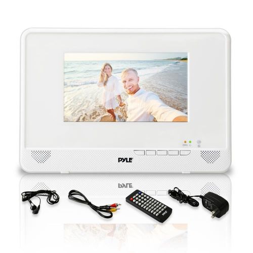  Pyle Portable Waterproof Multimedia Disc Player - 7in Screen White Digital Music Audio Video Player w Dual Stereo Speakers, CD DVD Tray, RCA, USB, Rechargeable Battery, Headphones, Rem