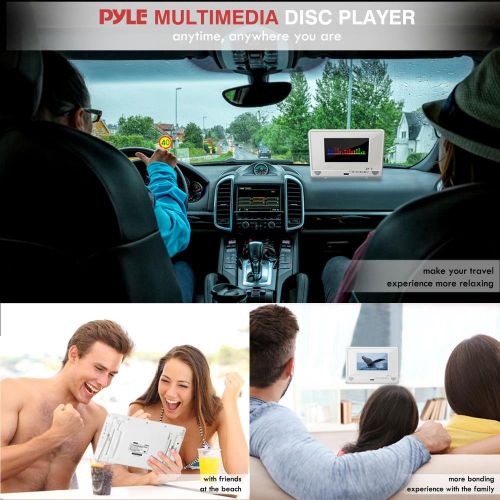  Pyle Portable Waterproof Multimedia Disc Player - 7in Screen White Digital Music Audio Video Player w Dual Stereo Speakers, CD DVD Tray, RCA, USB, Rechargeable Battery, Headphones, Rem