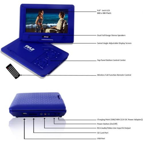  Upgraded 2017 Pyle 9 Inch Portable Travel DVD Player, Use as Car CD DVD Player, Rechargeable Battery, USBSD, Headphone Jack, Includes Remote Control, Car Charger, Travel Bag Blue