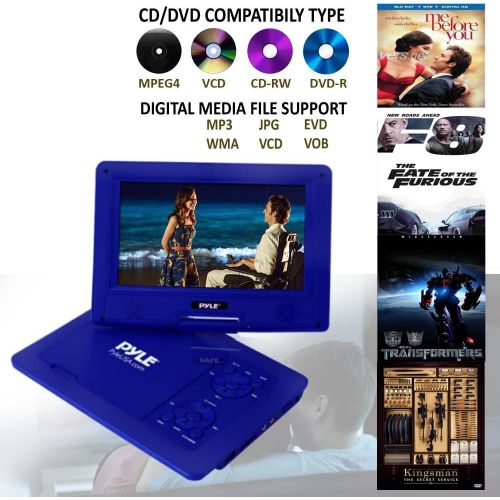  Upgraded 2017 Pyle 9 Inch Portable Travel DVD Player, Use as Car CD DVD Player, Rechargeable Battery, USBSD, Headphone Jack, Includes Remote Control, Car Charger, Travel Bag Blue