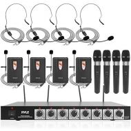 Pyle 8 Channel Wireless Microphone System - Professional VHF Audio Mic Set with 14, XLR Jack - 4 Headset, 4 Clip Lavalier, 4 Handheld Mic, 4 Transmitter, Receiver - For Karaoke PA, DJ