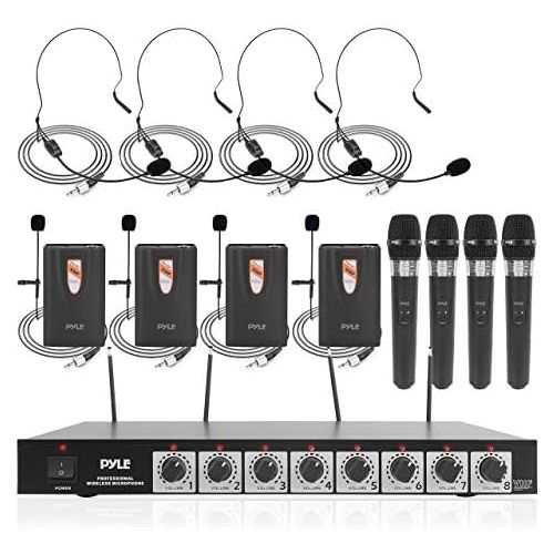  Pyle 8 Channel Wireless Microphone System - Professional VHF Audio Mic Set with 14, XLR Jack - 4 Headset, 4 Clip Lavalier, 4 Handheld Mic, 4 Transmitter, Receiver - For Karaoke PA, DJ