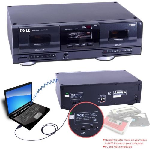  Pyle Dual Stereo Cassette Tape Deck - Clear Audio Double Player Recorder System w MP3 Music Converter, RCA for Recording, Dubbing, USB, Retro Design - For Standard  CrO2 Tapes, Home U